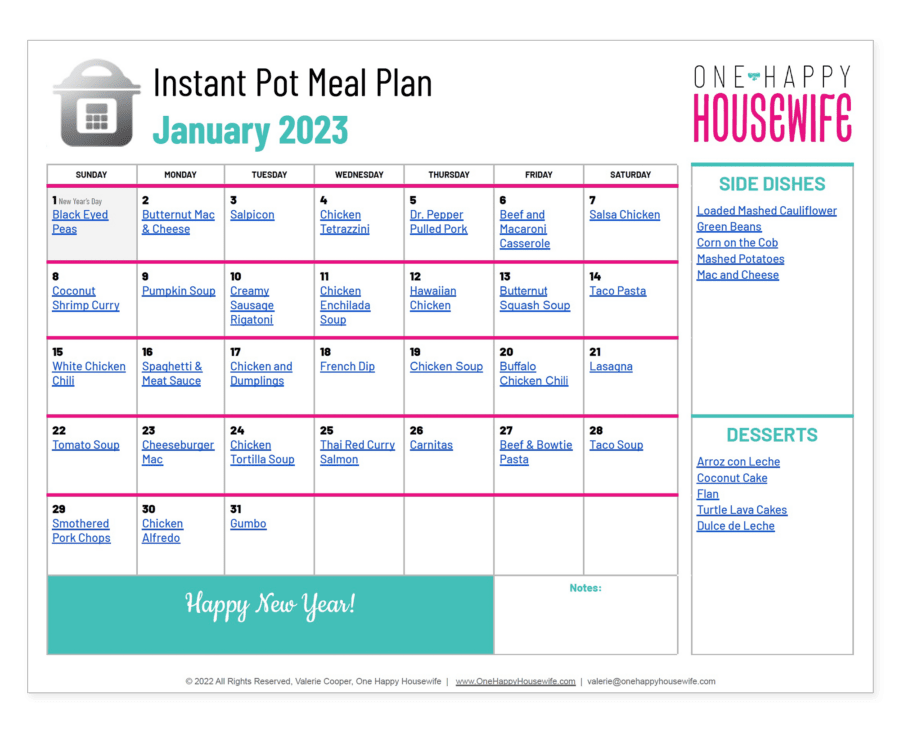 instant pot meal plan calendar for january 2023