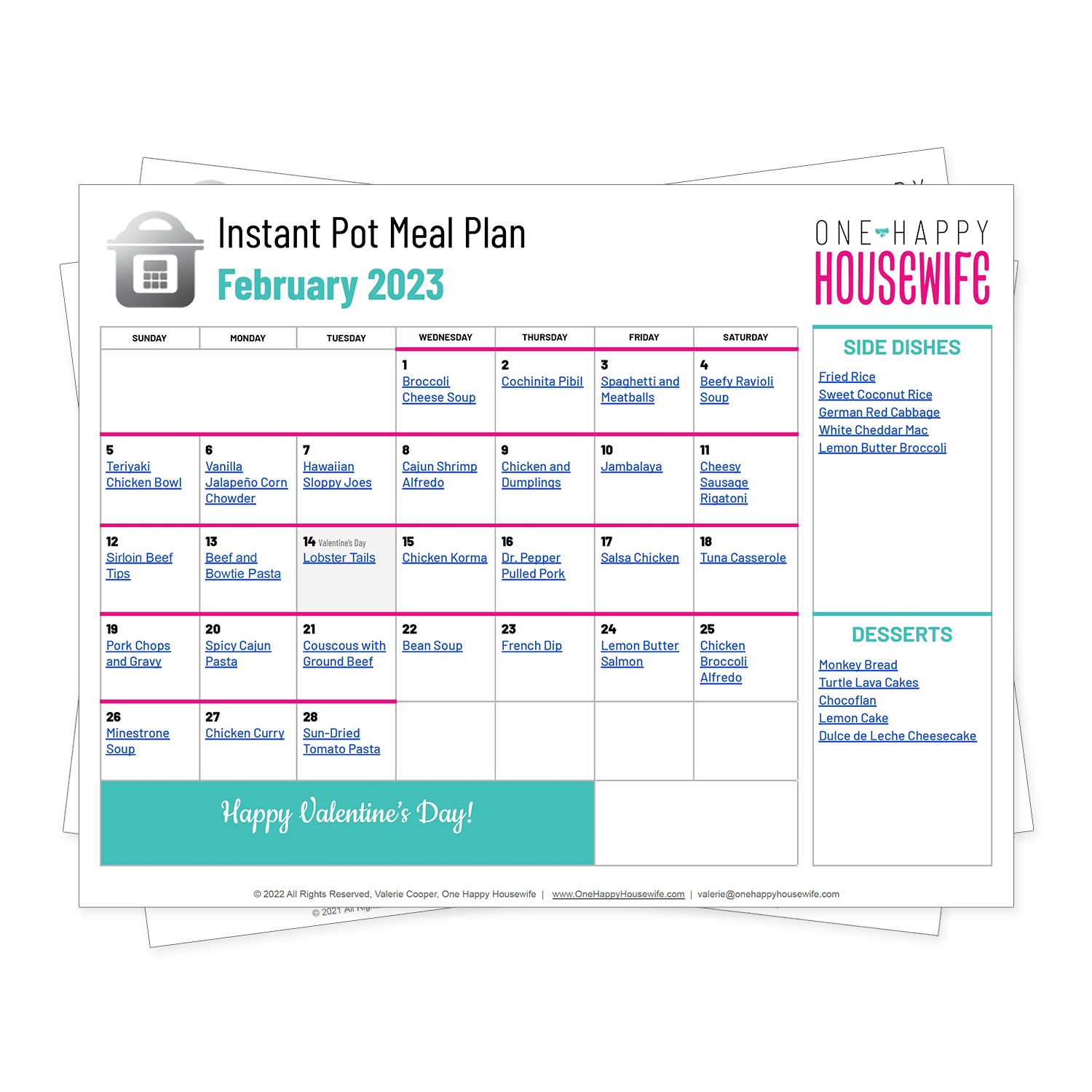 instant pot meal plan calendar for february 2023