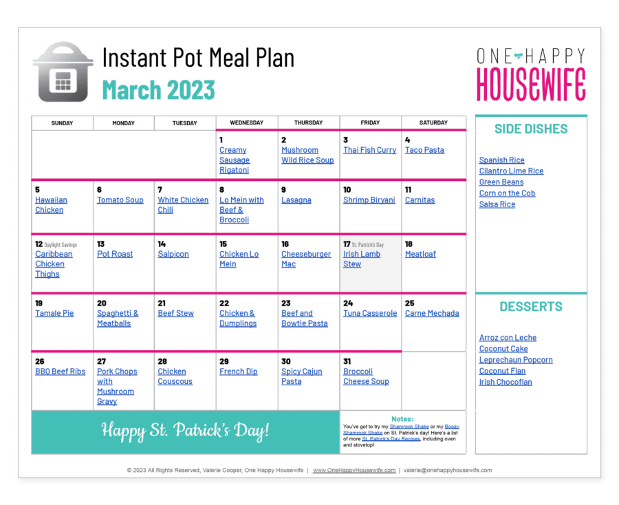 instant pot meal plan calendar for march 2023