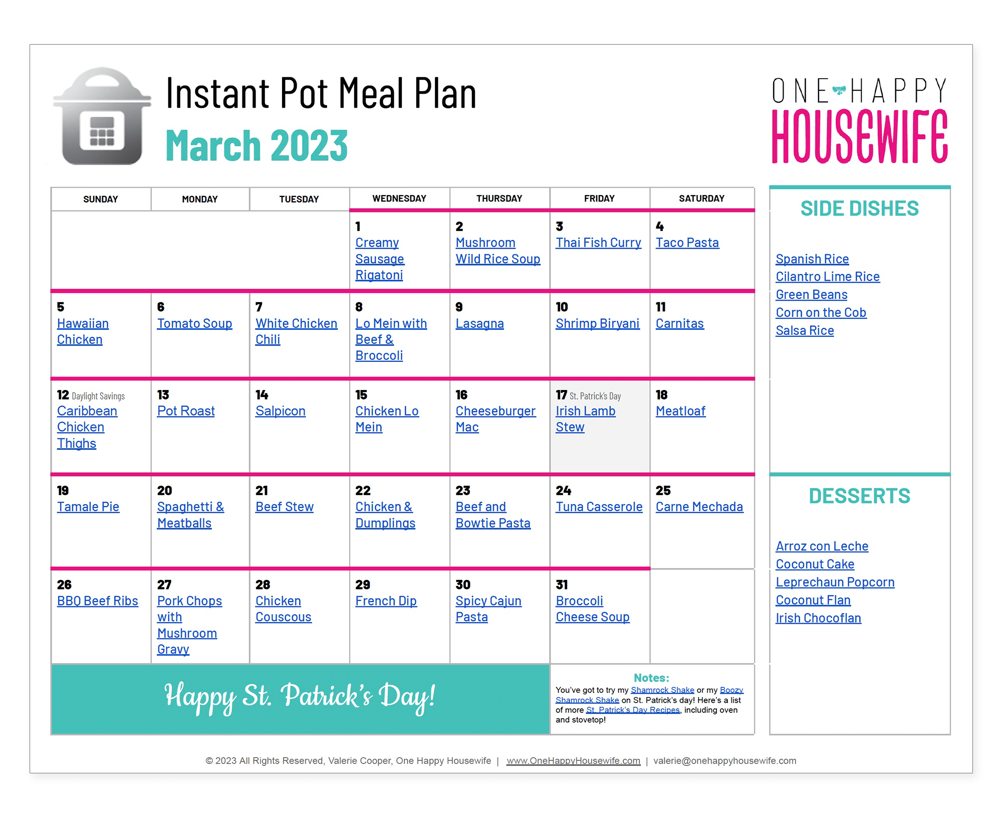 March Instant Pot Meal Plan (2023) One Happy Housewife