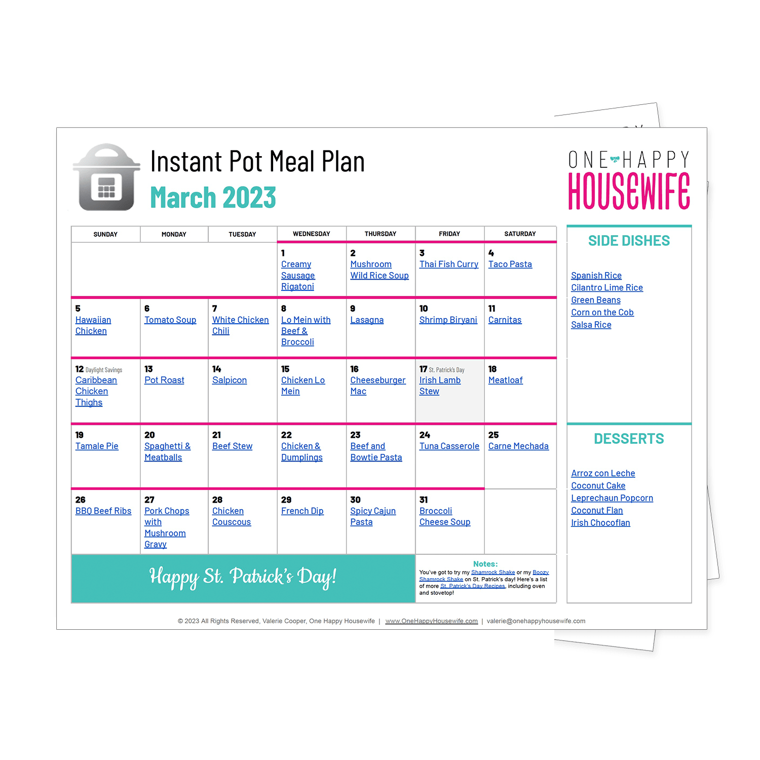 instant pot meal plan calendar for march 2023