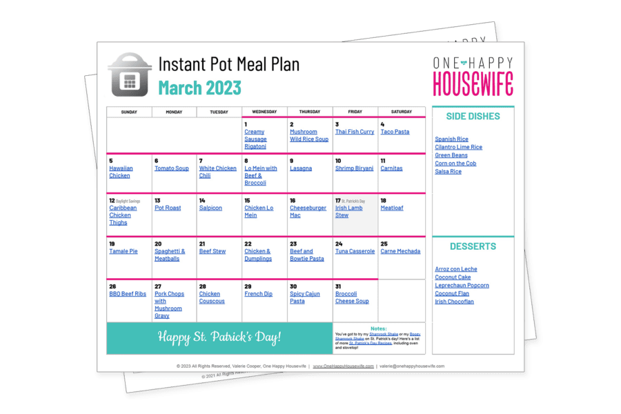instant pot meal plan calendar for march 2023
