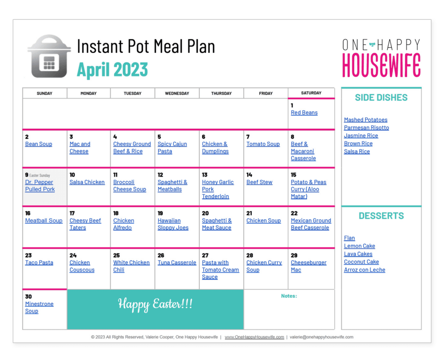 instant pot meal plan calendar for april 2023