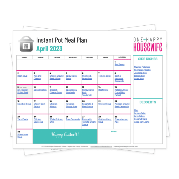 instant pot meal plan calendar for april 2023