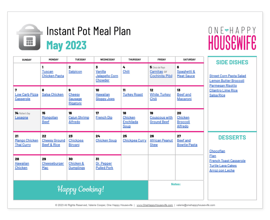 instant pot meal plan calendar for may 2023