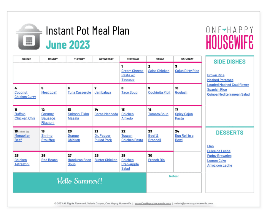 instant pot meal plan calendar for june 2023