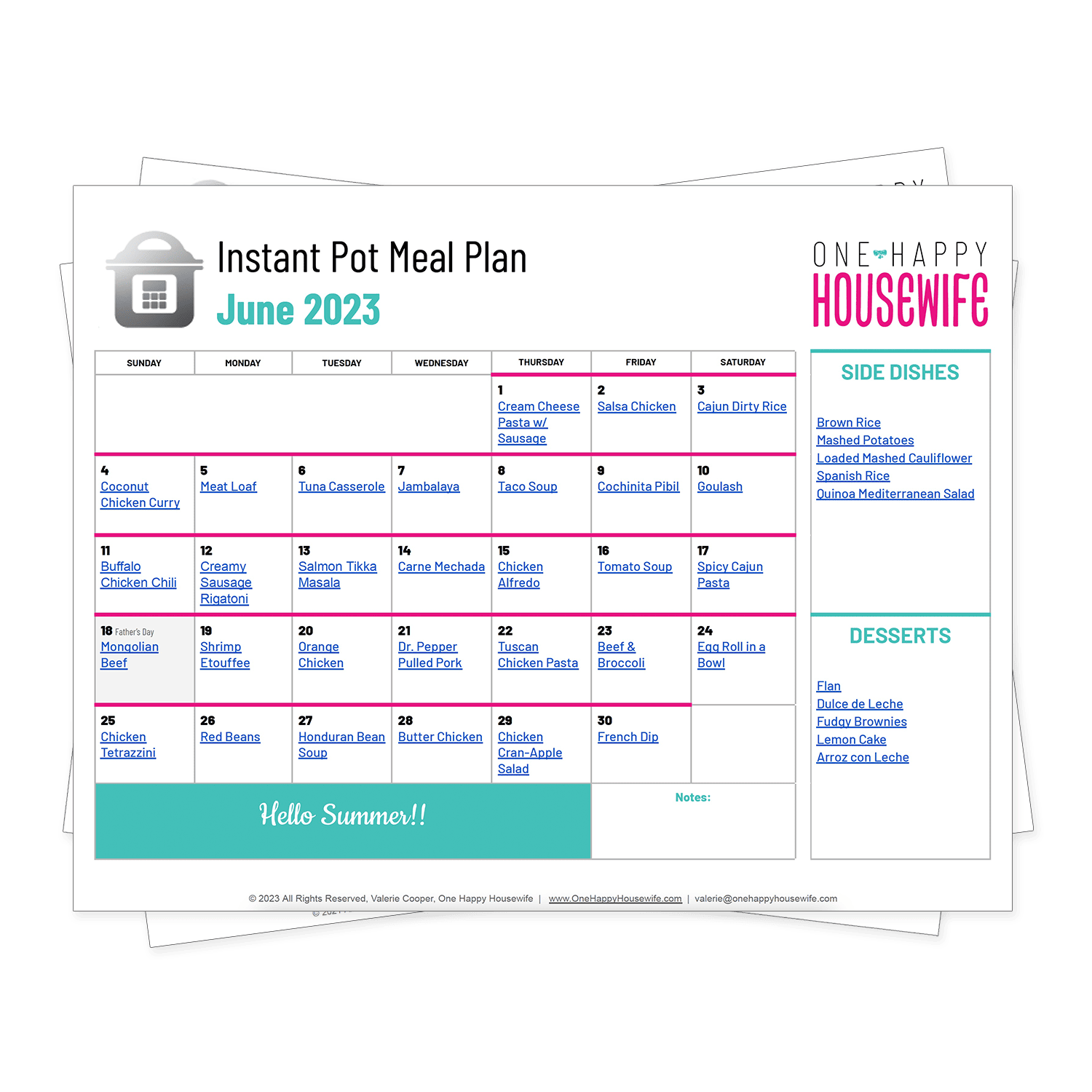 instant pot meal plan calendar for june 2023