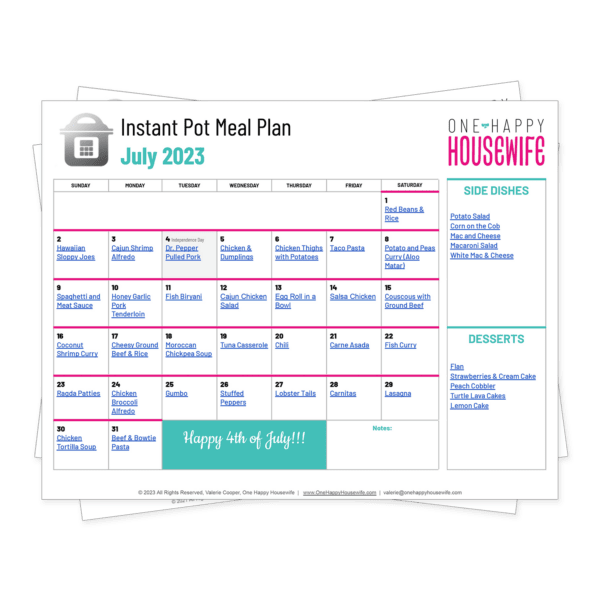 instant pot meal plan calendar for july 2023