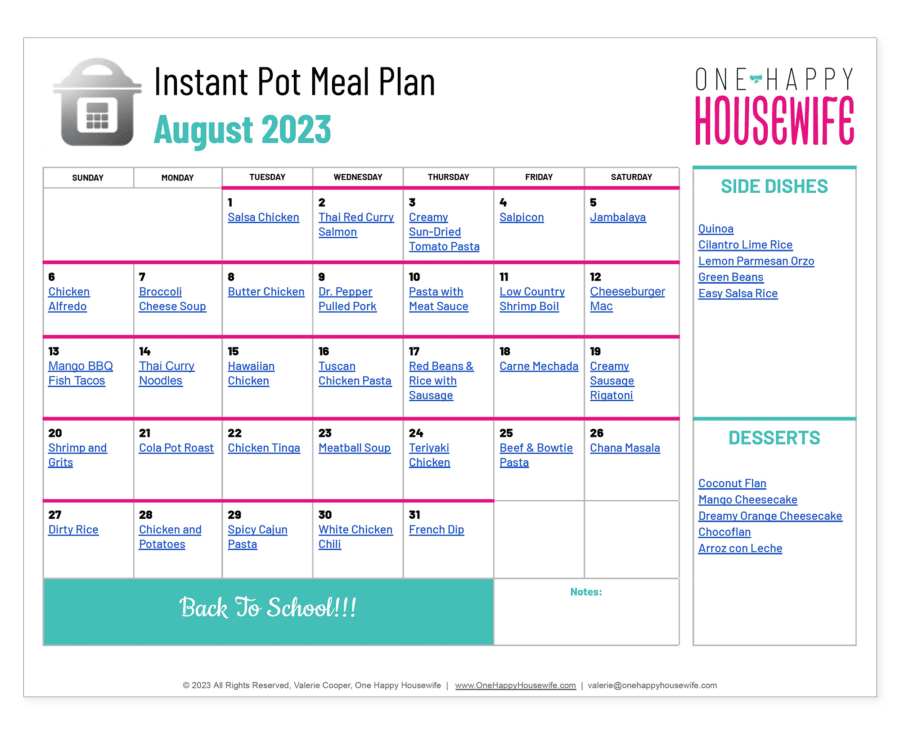 instant pot meal plan august 2023