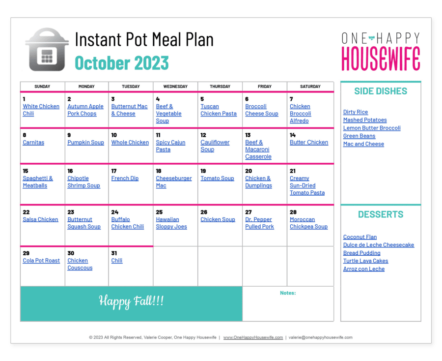 instant pot meal plan october 2023