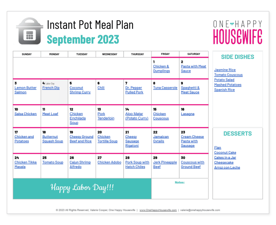 instant pot meal plan september 2023