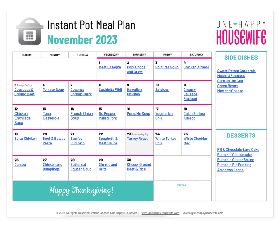 instant pot meal plan november 2023