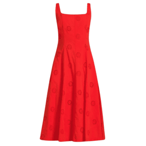 square kneck eyelet midi dress red