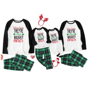 santa naughty ones plaid green family pajamas