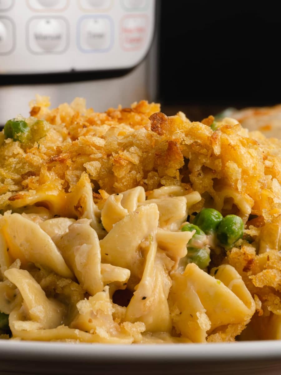 close up of tuna casserole with a crispy potato chip topping