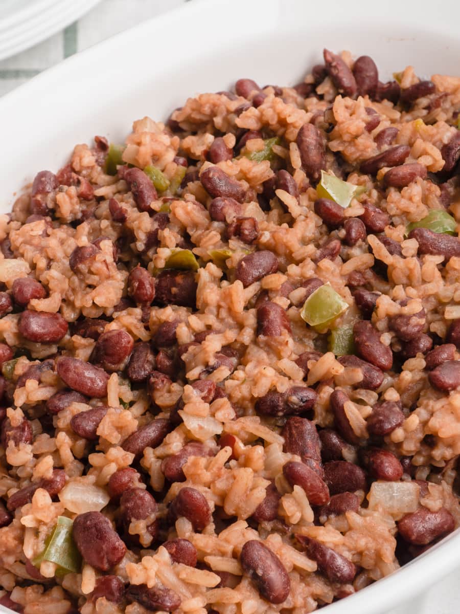 overhead shot of casamiento or red beans and rice in a large serving bowl