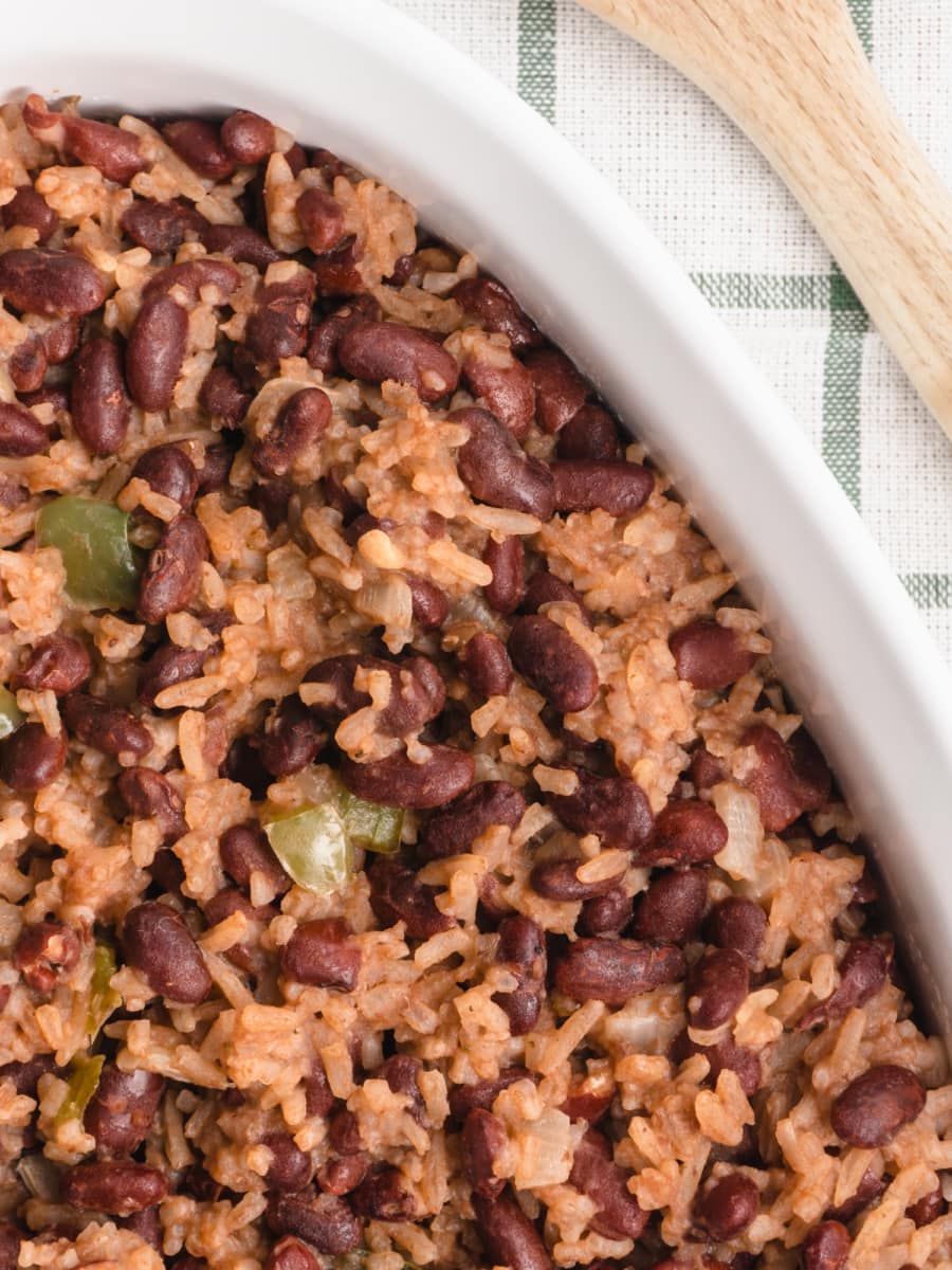 casamiento or honduran red beans close up in a serving bowl