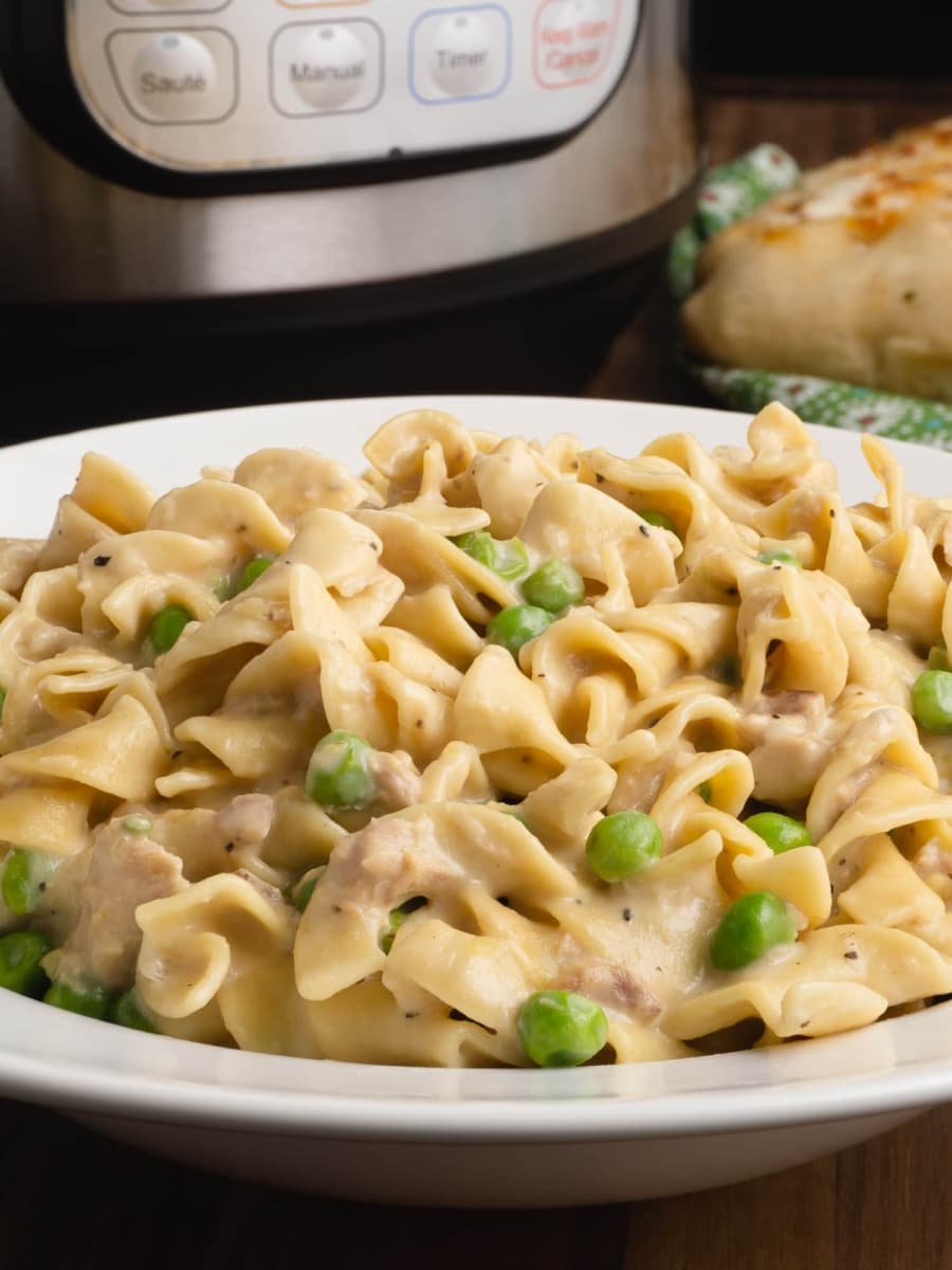 a white bowl of homemade tuna casserole