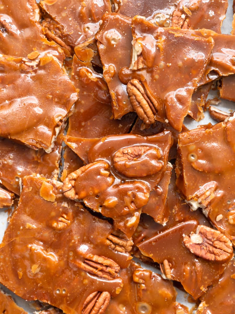 overhead shot of broken pieces of southern pecan toffee