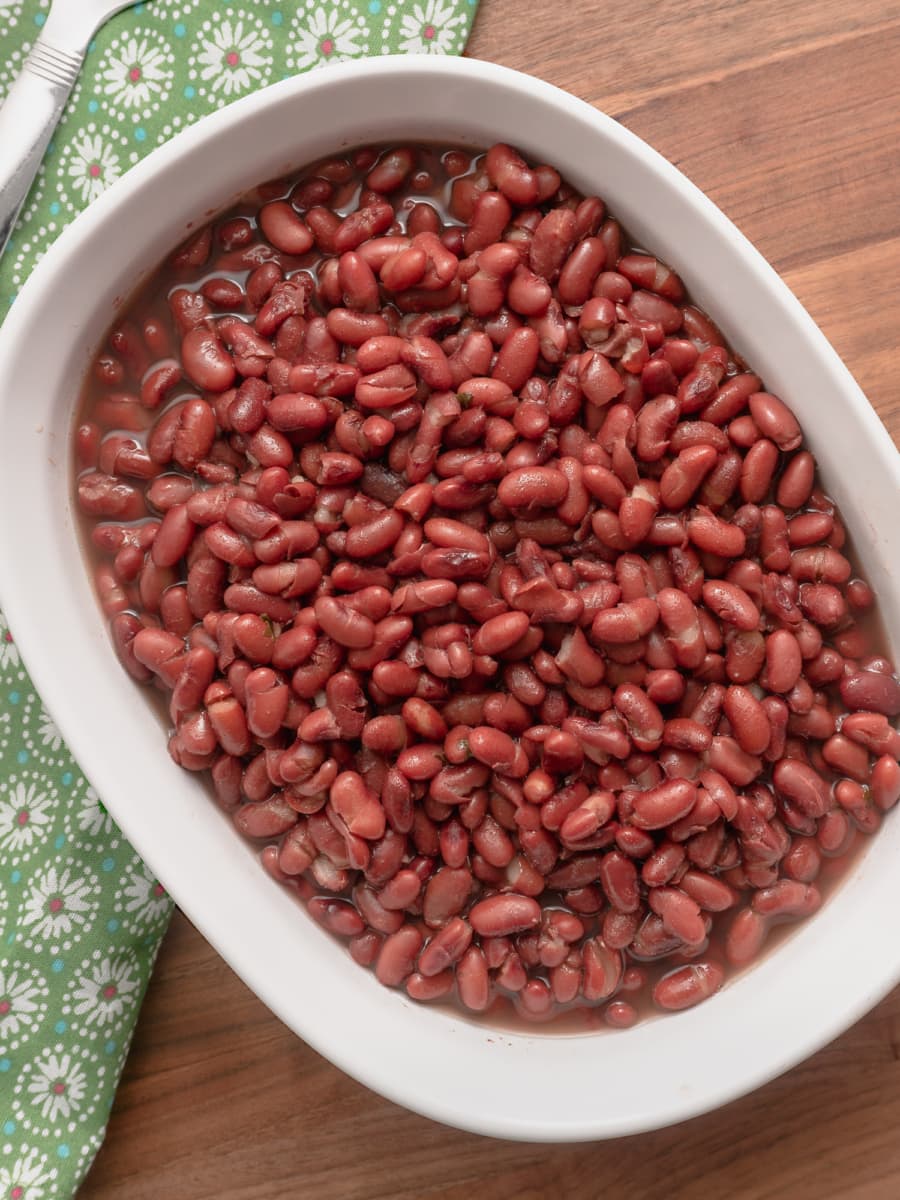 overhead shot of a serving bowl of red beans 