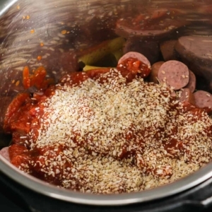 layered ingredients (rigatoni pasta, marinara sauce, sausage, and spices)for making a creamy pasta in the instant pot