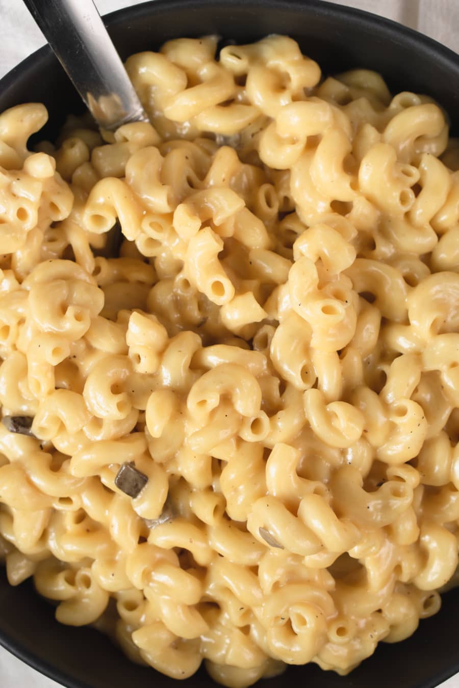 an overhead shot of a bowl of macaroni and cheese made with cream of mushroom soup